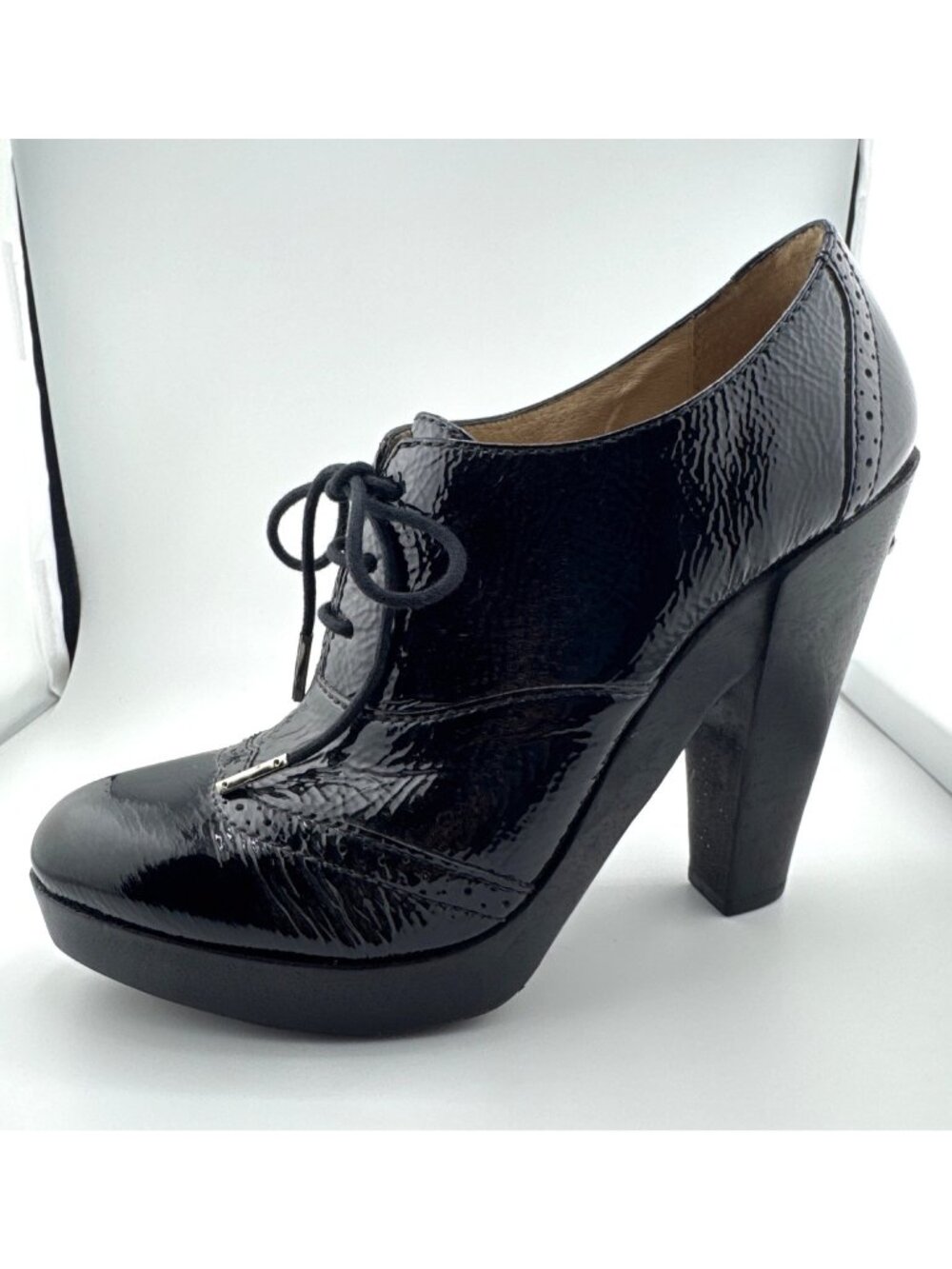 Michael Kors Panama Oxford Heels 8.5M Black Patent Leather Platform Office Siren